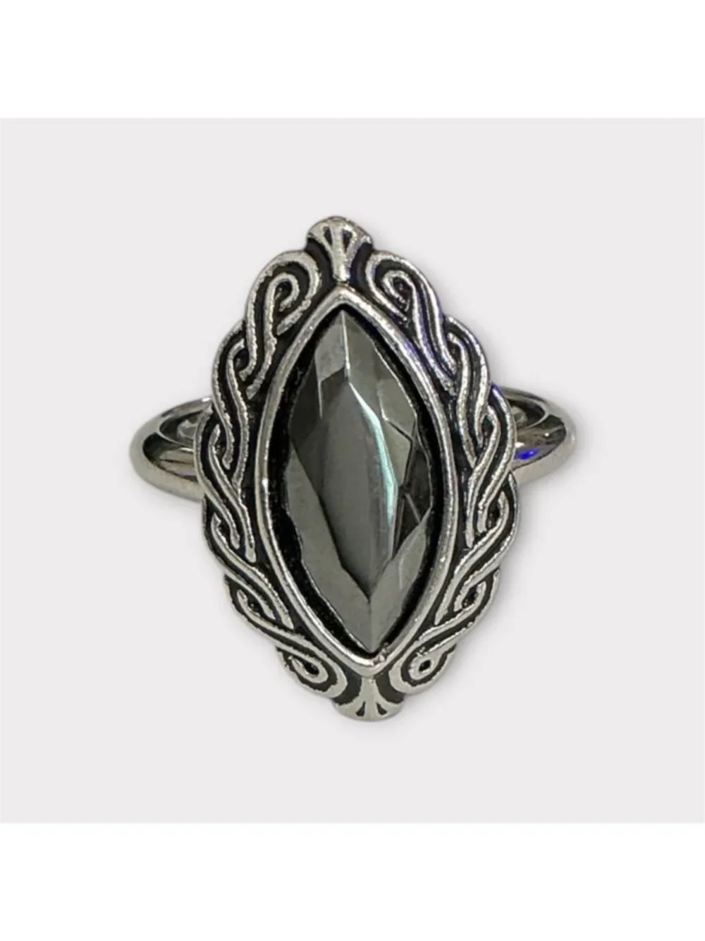 Vintage Avon Hematite Celtic Twist Ring Size 7.5 With Ornate Design Jewelry
